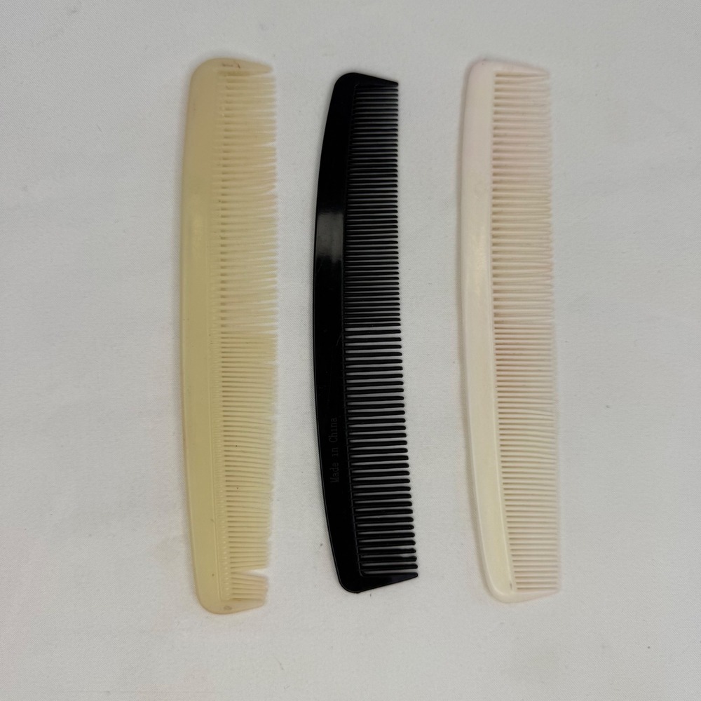 Vintage Style Plastic Hair Combs Set of 3 Black Cream White Fine Tooth 7 Inch